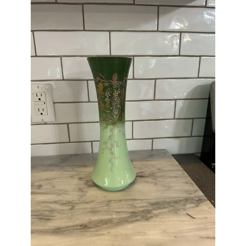 Opaline Two Tone Green Art Glass Gilt Flowers Hand Painted Vase Victorian 11.5